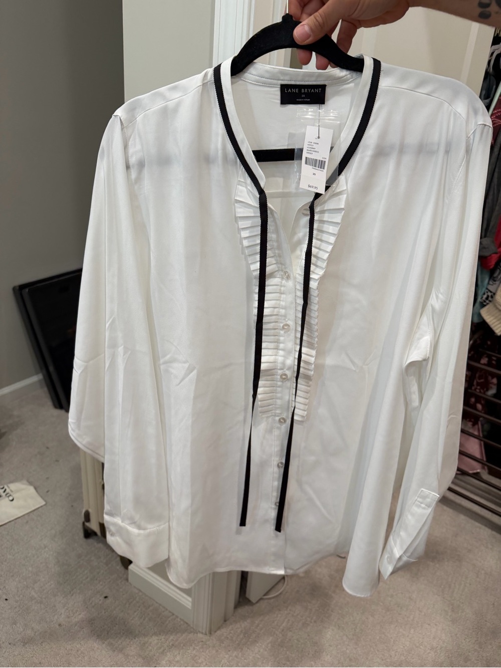 Lane Bryant White Ruffled Front Shirt with Black Trim